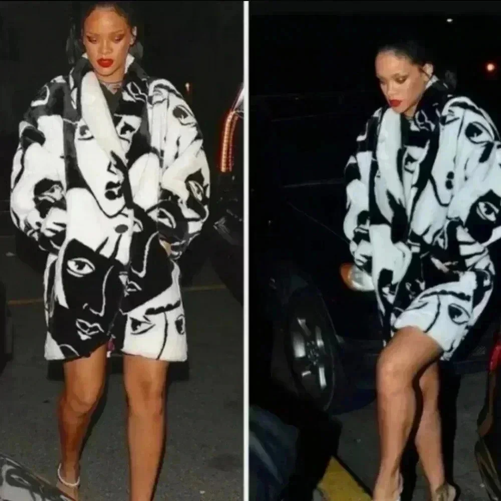 Donny Brook  Mob Wife Graphic Faces Faux Fur Coat.. - Picture 2 of 14
